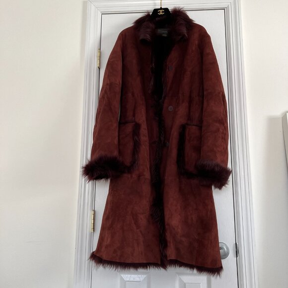 Rare DONNA KARAN SIGNATURE Brown/ Auburn Suede 100% Shearling Fur Coat Size 6 - Picture 6 of 16
